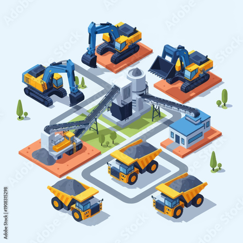 Construction Site with Heavy Machinery and Vehicles.