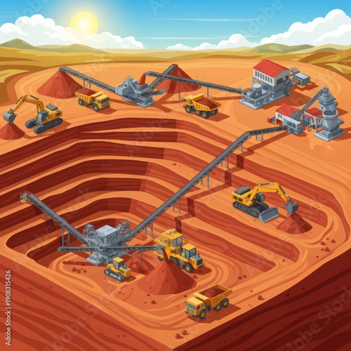 Open pit mine excavation with heavy machinery and equipment.