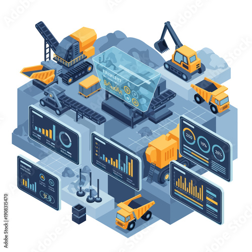 Isometric illustration of heavy machinery and data analytics dashboard.