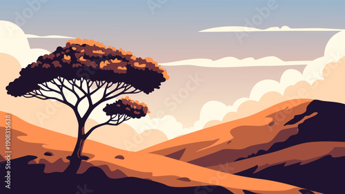 Serene African savannah landscape at sunset with a lone acacia tree on rolling hills. Modern flat design vector illustration of a beautiful nature safari background.