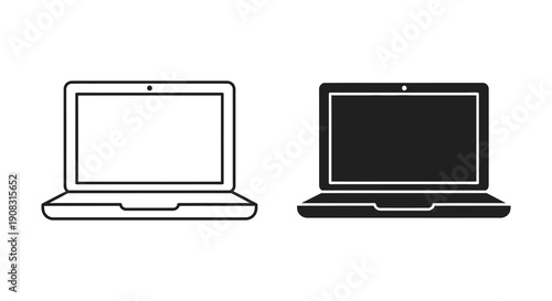 A simple illustration depicts two laptop computers one with a white screen and one black high quality professional