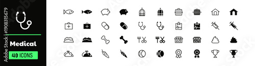 Medical icons vector pack for healthcare, hospitals, and pharmaceuticals, with symbols for doctors, treatments, and medicine.