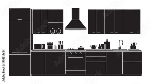 Modern kitchen interior design with sleek black cabinets and minimalist appliances in monochromatic color scheme for home renovation