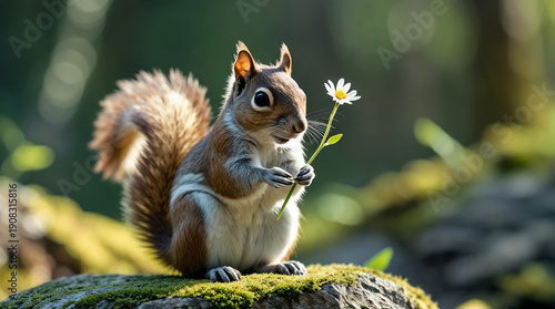 Adorable squirrel sitting on mossy rock holding a small white daisy flower in a sunlit forest with soft natural lighting