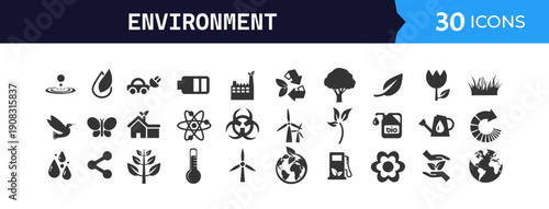 Environment icons set for nature conservation, pollution control, and ecological balance, featuring green energy and natural elements.