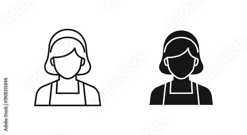 A black and white illustration depicts two line art icons of a woman wearing an apron and head covering