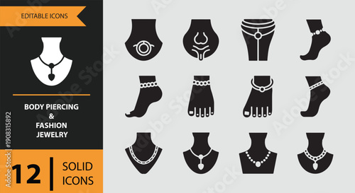 Body Piercing and Fashion Jewelry Icons solid icon set.Striking piercing and fashion solid icons