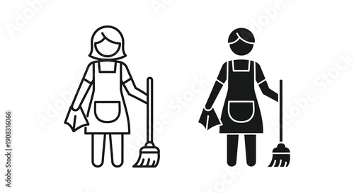A black and white illustration depicts two stylized figures of maids holding cleaning supplies high quality professional detailed