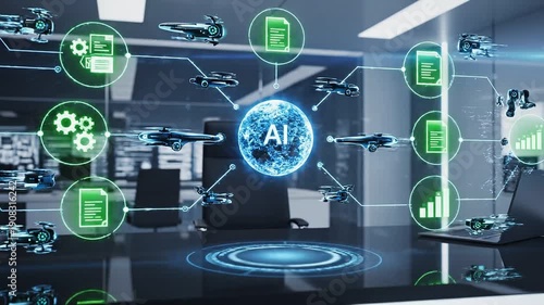 Wallpaper Mural Futuristic AI Automation Concept with Robotic Digital Elements and Business Workflow Icons, Artificial Intelligence Improving Productivity, Cinematic 4K Video Torontodigital.ca