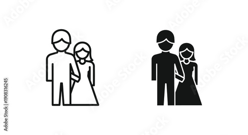 Two depictions of a couple one outlined in white and the other filled with black standing closely together