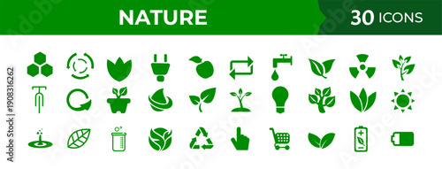 Nature and ecology icons set in vibrant green for environmental protection, sustainability, and natural beauty, featuring plants and renewable energy.
