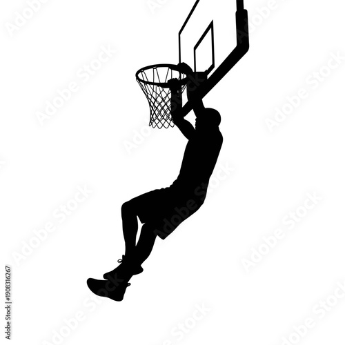 Silhouette of a basketball player dunking the ball into the hoop.
