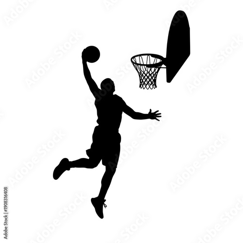 Silhouette of a basketball player dunking the ball into the hoop.