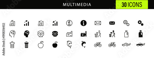 Multimedia and entertainment icon set for media players, sports, and user interaction, featuring audio, video, and social icons.
