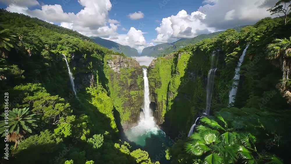 custom made wallpaper toronto digitalMajestic multi-tiered waterfall cascading down lush green cliffs into a turquoise pool, surrounded by dense tropical rainforest.