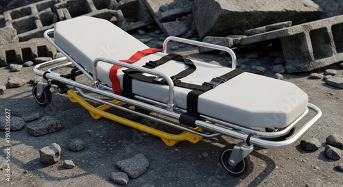 Medical stretcher with safety straps on a hazardous urban debris background, symbolizing accident aftermath and disaster relief concept