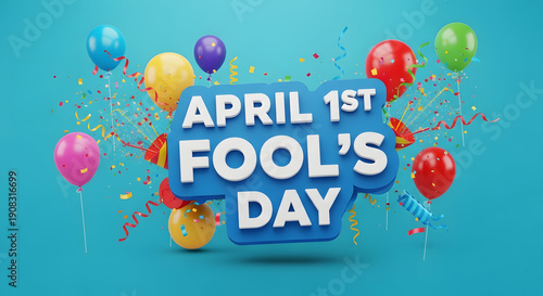 April fools' day celebration with colorful balloons and confetti
