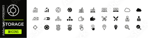 Storage and data management icons for cloud storage, data analysis, and digital organization, with files, servers, and analytics symbols