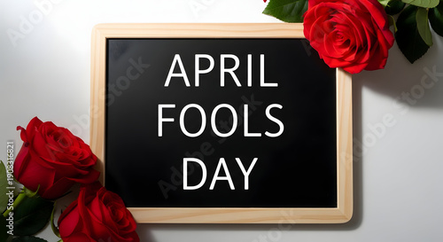 April fools' day celebration with red roses and chalkboard