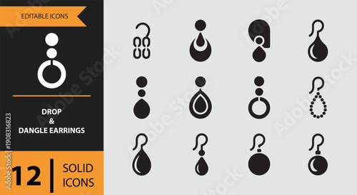 Drop and Dangle Earrings Icons solid icon set.Elegant drop and dangle solid icons