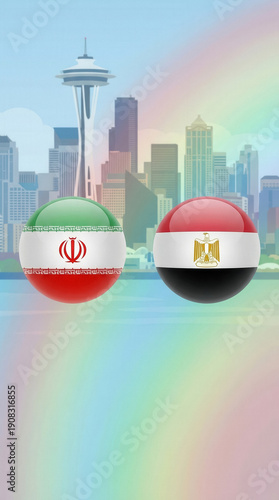 Illustrated spheres with Iran and Egypt flags symbolizing an international soccer match set against the Seattle skyline.