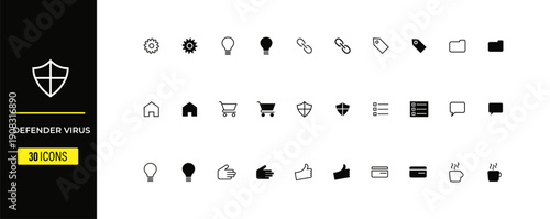 Virus defender icons for cybersecurity, antivirus protection, and online security concepts, featuring shields, locks, and threats