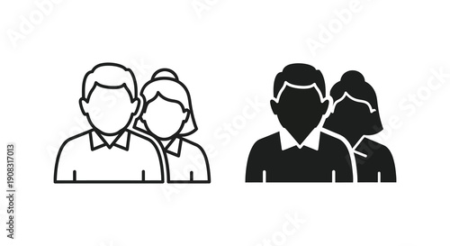 A simple black and white illustration depicts two sets of paired human head icons representing people high quality
