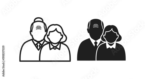 A simple black and white illustration depicts two pairs of figures representing couples in a minimalist style