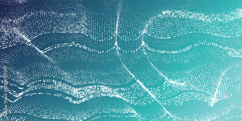 Abstract dotted halftone texture fading from white to teal and deep blue in vertical gradient