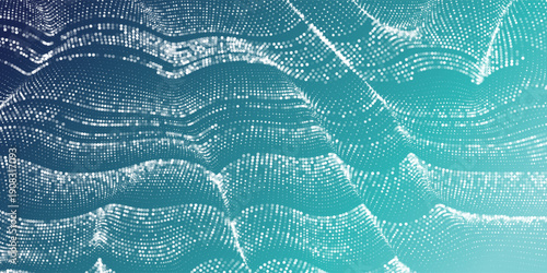 Abstract dotted halftone texture fading from white to teal and deep blue in vertical gradient