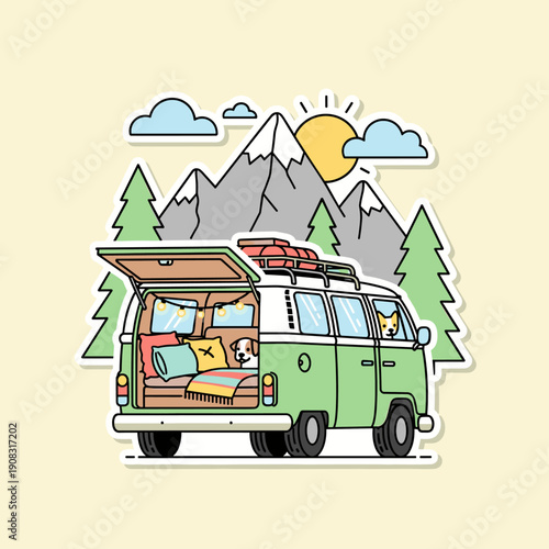 Flat Vector Camper Van Road Trip Illustration