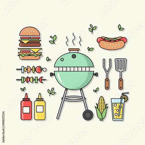Flat Vector BBQ Grilling Party Icon Set