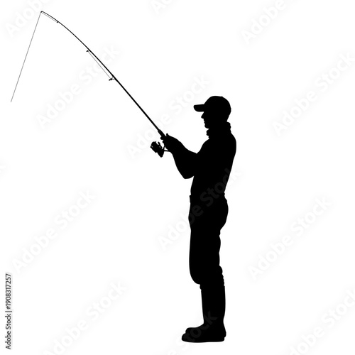 Silhouette of a Fisherman Casting a Fishing Rod for Sport.