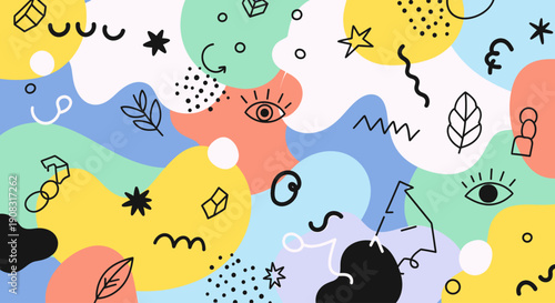 Abstract shapes and symbols in a vibrant, dynamic composition with varied elements from different viewpoints