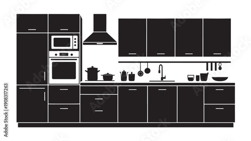 Modern kitchen interior with sleek black cabinets and stainless steel appliances in monochromatic color scheme on white background for home decor