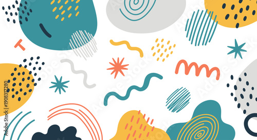 Vibrant abstract shapes and patterns in a dynamic composition viewed from directly above with various colorful elements