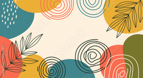 Vibrant illustration featuring flowers, leaves, and abstract shapes in a modern design