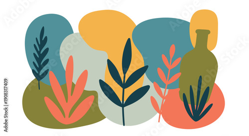 Assorted plants and botanical elements arranged in a decorative illustration with varied shapes and colors from a front viewpoint