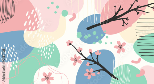 Pastel colored illustration featuring flowers, branches, and abstract shapes viewed from directly above in a creative composition