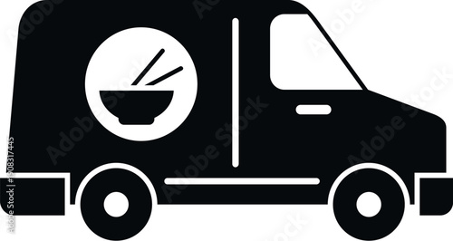 Delivery van transporting asian fast food, representing global food service and online ordering