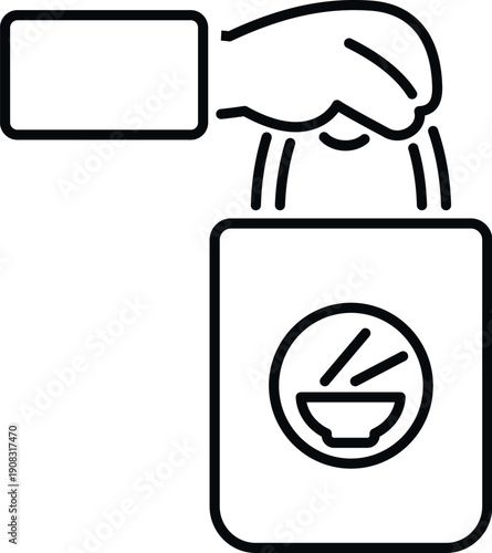 Hand holding a paper bag with an asian food bowl and chopsticks icon
