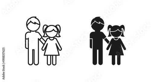 A simple black and white illustration depicts two sets of figures a boy and a girl side by side