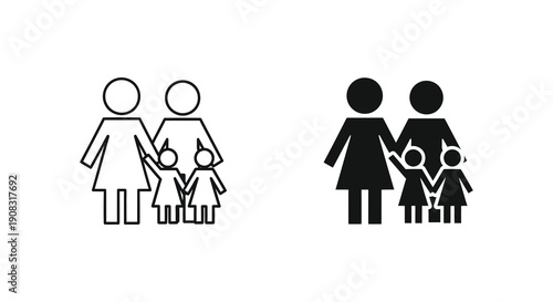 A simple illustration depicts two family icons one in outline and one filled showcasing a mother father and two children