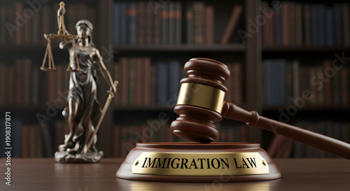 Close up of wooden gavel with immigration law label and statue of justice