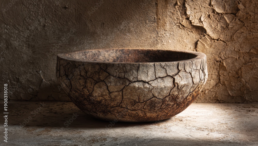 Fototapeta premium Rustic Cracked Clay Bowl on Textured Surface, Dramatically Lit Against Peeling Wall.
