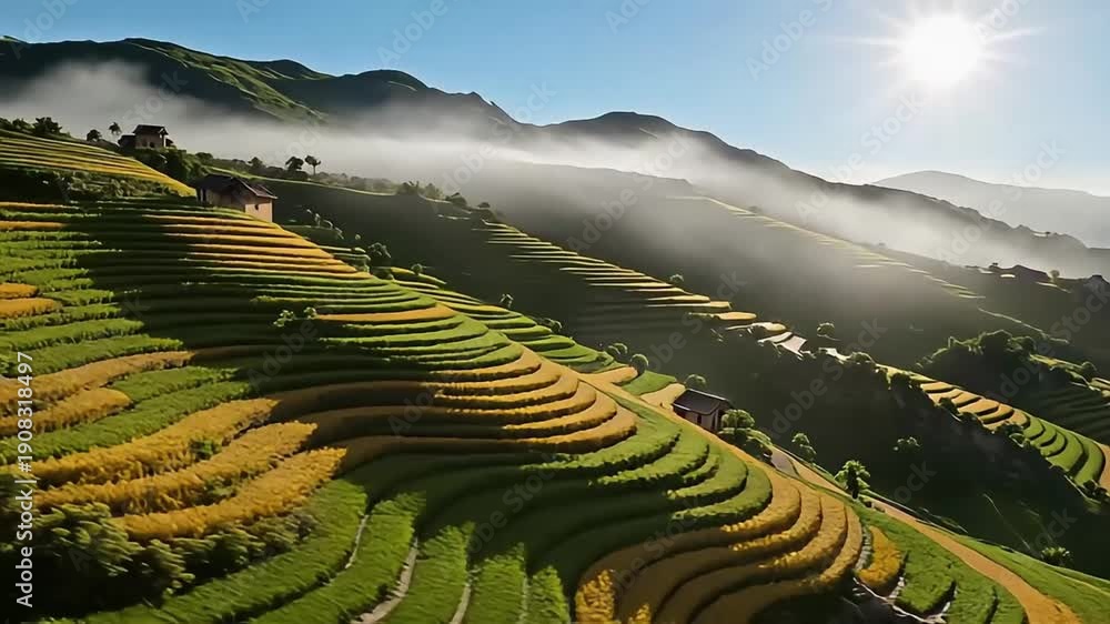 custom made wallpaper toronto digitalGolden rice terraces on a misty mountainside at sunrise, with sunbeams illuminating the landscape.