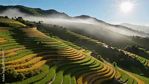 Wallpaper Mural Golden rice terraces on a misty mountainside at sunrise, with sunbeams illuminating the landscape. Torontodigital.ca