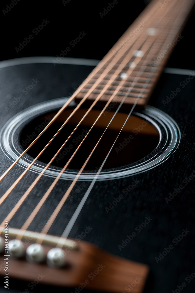 Fototapeta premium Acoustic Guitar Strings and Fretboard Close Up, Dark and Moody Style