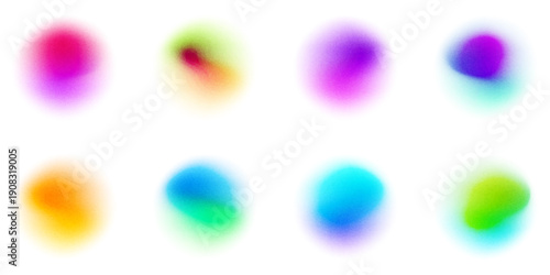 Set color circle gradient noise gradation. Abstract colorful watercolor blur mesh shape on white background. Gradient aura, grain neon blob with noise effect vector illustration.