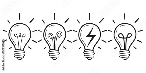 A horizontal row of four minimalist, black-and-white line-art light bulbs. Each bulb is hand-drawn with a slightly different internal filament or symbol (one includes a lightning bolt).